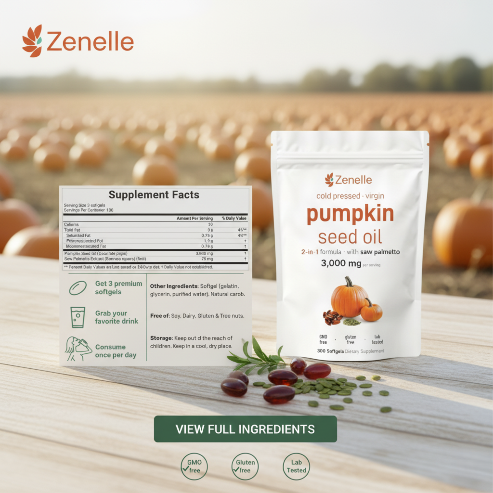 Zenelle Cold Pressed Pumpkin Seed Oil with Saw Palmetto Softgels